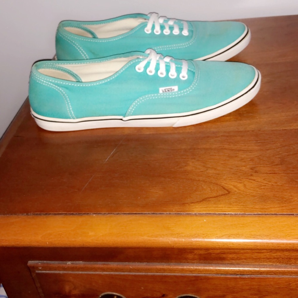 Teal vans with white laces women’s size 7.5